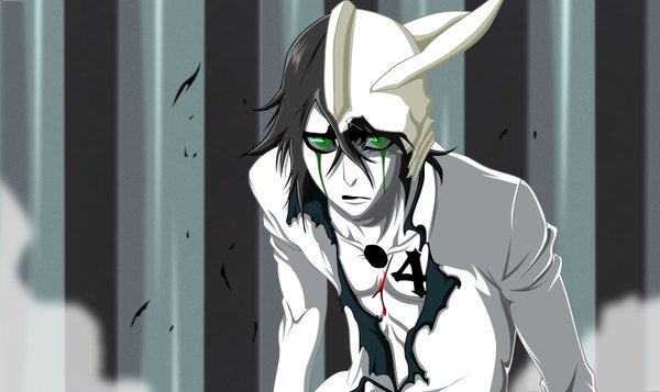 Anime picture 1440x858 with bleach studio pierrot ulquiorra schiffer raijin13 single short hair black hair wide image green eyes japanese clothes horn (horns) coloring torn clothes smoke espada boy kimono blood mask