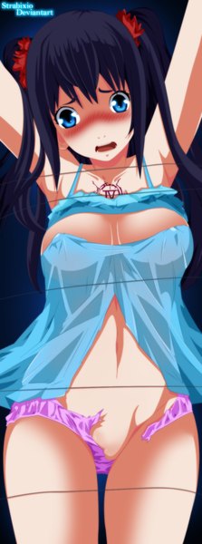 Anime picture 725x1944 with gun x clover (manga) nanase yotsuba nanase 4th personality strabixio single long hair tall image blush breasts open mouth blue eyes light erotic black hair twintails arms up armpit (armpits) tattoo embarrassed torn clothes coloring