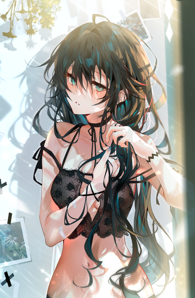 Anime picture 1436x2200 with original arutera single long hair tall image looking at viewer blush fringe black hair hair between eyes standing indoors parted lips aqua eyes sunlight mole shadow mole under eye adjusting hair strap slip