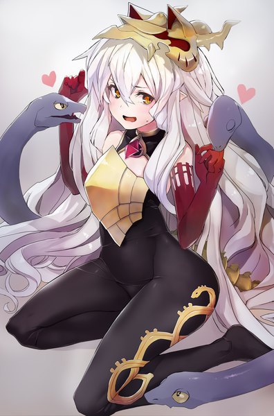 Anime picture 1121x1700 with shingeki no bahamut granblue fantasy medusa (shingeki no bahamut) taishi (picchiridou) single tall image blush fringe open mouth simple background yellow eyes looking away white hair tail very long hair pointy ears no shoes gradient background sweatdrop mask on head