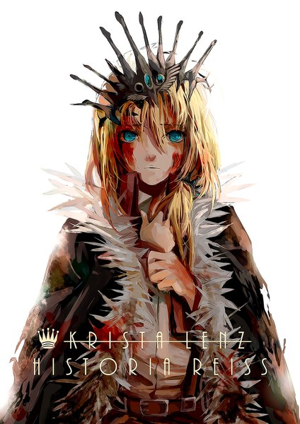 Anime picture 1240x1754 with shingeki no kyojin production i.g krista lenz winni single long hair tall image looking at viewer fringe blue eyes simple background blonde hair hair between eyes white background upper body character names hand on chest blood on face bloody clothes spoilers