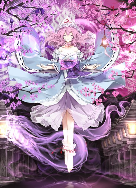 Anime picture 1500x2067 with touhou saigyouji yuyuko cloudy.r single long hair tall image looking at viewer bare shoulders pink hair traditional clothes japanese clothes pink eyes barefoot wide sleeves cherry blossoms magic flying girl flower (flowers) plant (plants)
