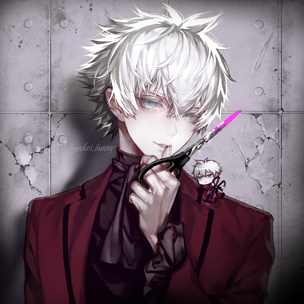 Anime picture 1500x1500 with fate (series) fate/grand order charles henri sanson (fate/grand order) koshika rina looking at viewer fringe short hair blue eyes hair between eyes holding signed silver hair upper body parted lips head tilt multiple boys shadow twitter username finger to mouth portrait