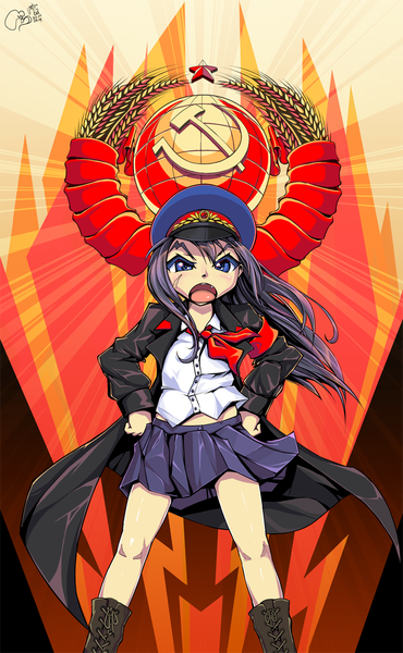 Anime picture 741x1200 with original krokobyaka single long hair tall image looking at viewer open mouth blue eyes purple hair wind scar hands on hips hammer and sickle soviet communism girl uniform school uniform necktie white shirt