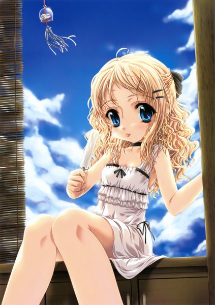 Anime picture 3385x4796 with miyama zero single long hair tall image highres blue eyes blonde hair absurdres sky ahoge loli half updo curly hair girl hair ornament food sweets tongue bobby pin sundress