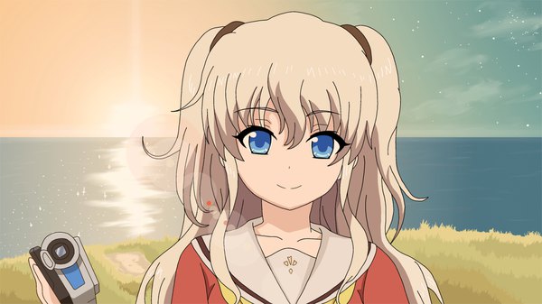 Anime picture 1920x1080 with charlotte p.a. works tomori nao darkozet single long hair looking at viewer fringe highres blue eyes blonde hair smile hair between eyes wide image holding payot sky cloud (clouds) upper body night