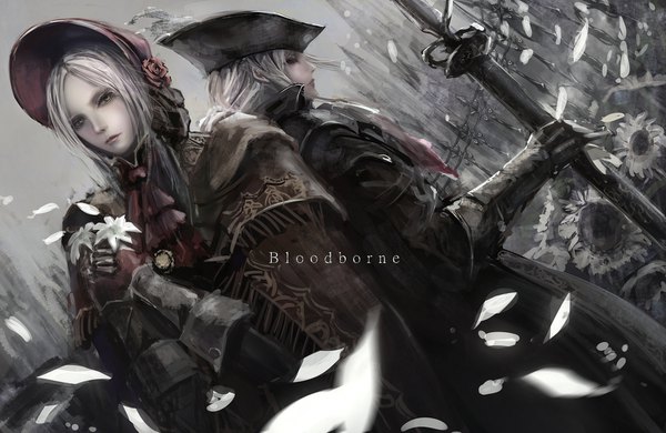 Anime picture 1637x1065 with bloodborne bloodborne: the old hunters from software lady maria of the astral clocktower plain doll missle228 long hair looking at viewer holding green eyes sky silver hair upper body outdoors eyes closed long sleeves profile wind lips grey hair