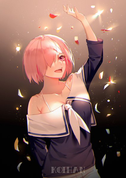 Anime picture 2894x4093 with fate (series) fate/grand order mash kyrielight koi han single tall image fringe highres short hair breasts open mouth simple background smile bare shoulders signed pink hair upper body :d pink eyes arm up