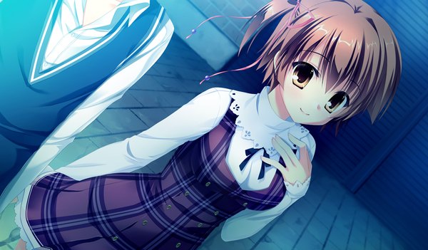 Anime picture 1024x600 with da capo iii hinomoto aoi takano yuki (allegro mistic) short hair smile brown hair wide image brown eyes game cg couple one side up girl dress