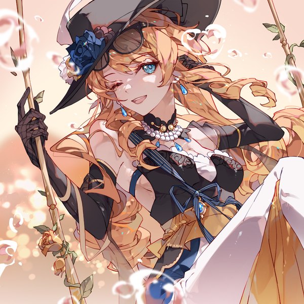 Anime picture 1200x1200 with genshin impact navia (genshin impact) yeurei single long hair open mouth blue eyes blonde hair sitting looking away one eye closed drill hair ;d sunglasses on head girl gloves flower (flowers) hat earrings black gloves