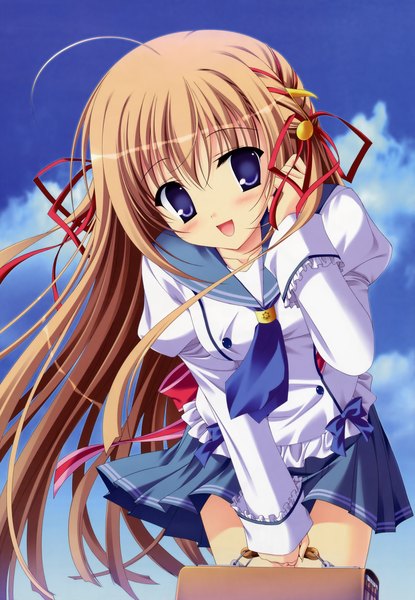Anime picture 4170x6022 with prismrhythm (game) elsterrier marigold tanihara natsuki single long hair tall image blush highres open mouth smile brown hair purple eyes absurdres sky cloud (clouds) ahoge scan adjusting hair girl uniform
