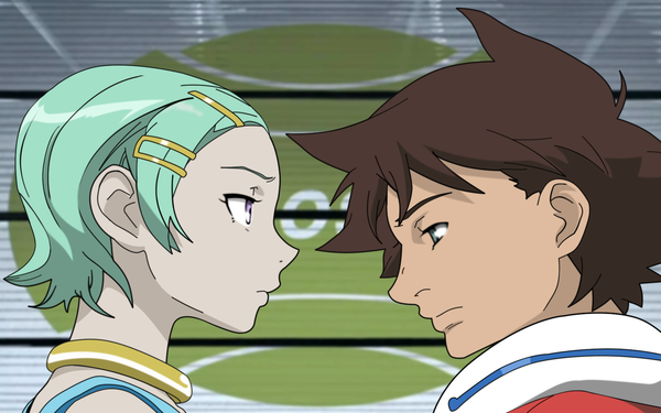 Anime picture 1680x1050 with eureka seven studio bones eureka renton thurston short hair brown hair wide image purple eyes profile green hair couple face to face vector girl boy hair ornament hairclip bobby pin collar