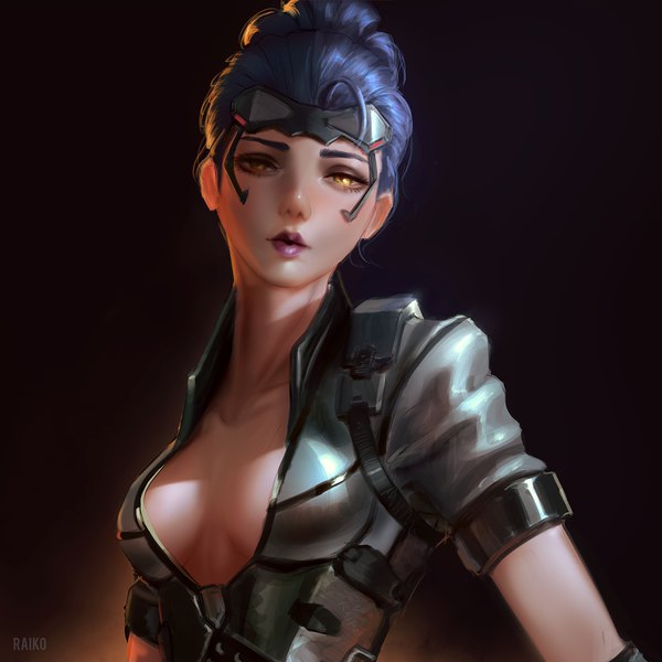 Anime picture 1200x1200 with overwatch blizzard entertainment widowmaker (overwatch) talon widowmaker raikoart single looking at viewer short hair breasts light erotic simple background signed yellow eyes blue hair cleavage ahoge upper body head tilt realistic lipstick
