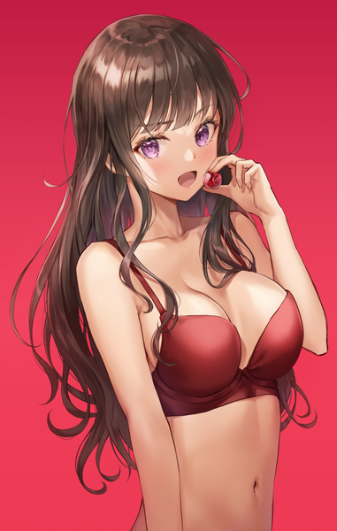Anime picture 1869x2940 with original lunacle single long hair tall image looking at viewer blush fringe highres breasts open mouth light erotic simple background brown hair large breasts standing purple eyes holding cleavage upper body