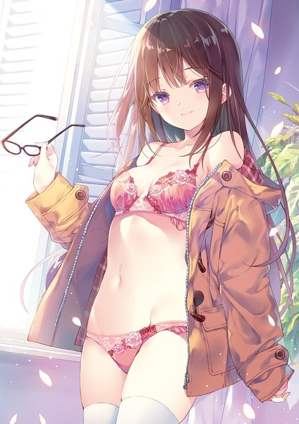 Anime picture 1357x1920 with original miwabe sakura single long hair tall image blush fringe breasts light erotic smile brown hair purple eyes bare shoulders holding payot cleavage indoors blunt bangs long sleeves head tilt