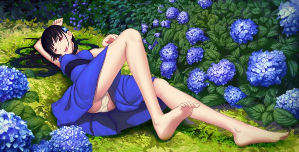 Anime picture 1571x800 with sankarea studio deen sanka rea yilan single long hair open mouth light erotic black hair smile red eyes wide image bent knee (knees) lying barefoot hair flower bare legs on back legs arm behind head