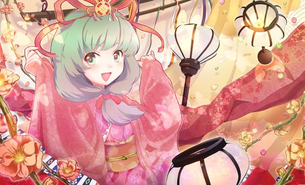 Anime picture 2222x1350 with touhou kagiyama hina yuko (artist) single long hair fringe highres open mouth smile wide image green eyes traditional clothes :d japanese clothes green hair wide sleeves arms up cherry blossoms low ponytail hinamatsuri (festival)