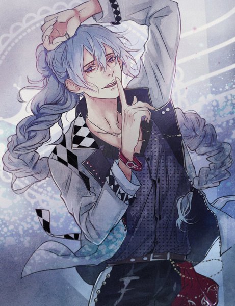 Anime picture 692x900 with ensemble stars! hibiki wataru saito yukihiro single long hair tall image looking at viewer fringe open mouth hair between eyes braid (braids) wind grey hair open jacket grey eyes finger to mouth hand on head boy shirt jacket