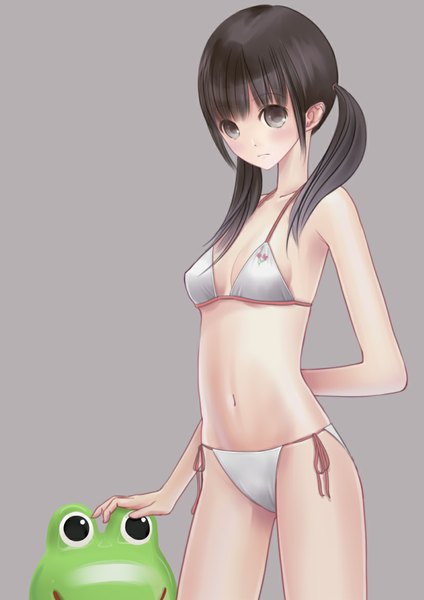 Anime picture 827x1169 with original chikuwa (odennabe) single long hair tall image looking at viewer light erotic black hair simple background twintails bare shoulders grey background bare belly grey eyes girl navel swimsuit bikini side-tie bikini