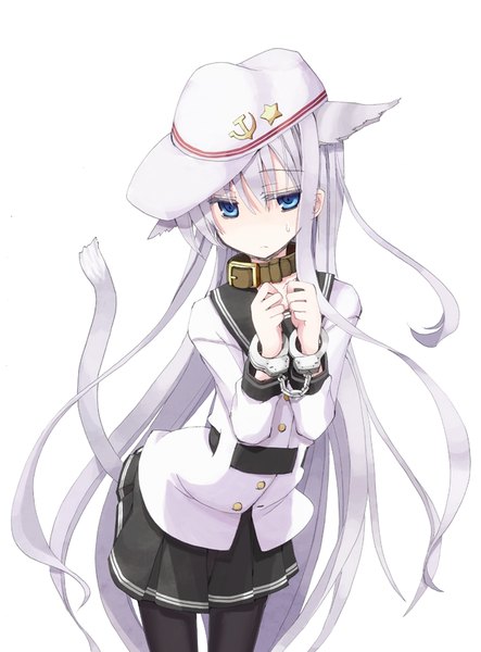 Anime picture 628x850 with kantai collection hibiki destroyer verniy destroyer mochiki single tall image looking at viewer fringe blue eyes simple background white background animal ears white hair tail very long hair animal tail pleated skirt cat ears cat girl cat tail