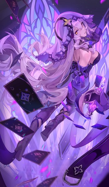 Anime picture 2390x4093 with honkai: star rail honkai (series) black swan (honkai: star rail) ai dongdong single tall image looking at viewer fringe highres hair between eyes yellow eyes purple hair full body very long hair looking back sparkle girl card (cards) veil stained glass