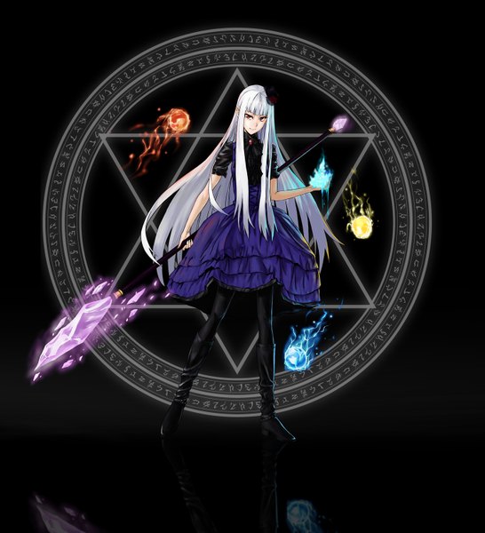 Anime picture 1365x1500 with azmodan single long hair tall image smile red eyes white hair magic girl dress hat staff fire crystal magic circle ice