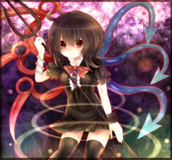 Anime picture 1400x1300 with touhou houjuu nue short hair smile red eyes brown hair girl thighhighs wings