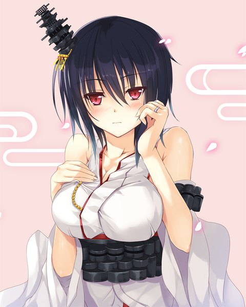 Anime picture 800x1000 with kantai collection yamashiro battleship inoue takuya (tactactak) single tall image looking at viewer blush short hair breasts black hair red eyes large breasts bare shoulders girl hair ornament detached sleeves petals