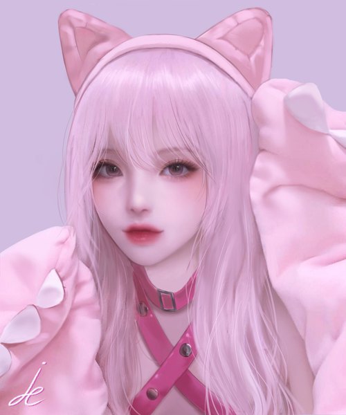 Anime picture 3125x3753 with original pinker single long hair tall image looking at viewer blush fringe highres simple background hair between eyes brown eyes signed animal ears pink hair absurdres upper body lips cat ears realistic