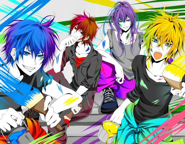 Anime picture 1500x1170 with vocaloid kagamine len kaito (vocaloid) kamui gakupo akaito long hair short hair open mouth blue eyes blonde hair red eyes blue hair ponytail red hair multicolored hair grin facial mark group pale skin face paint