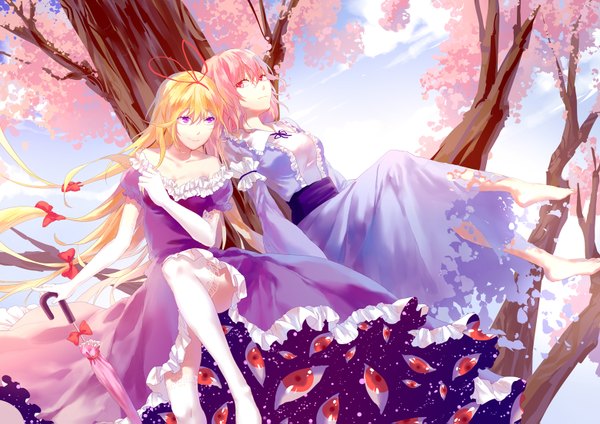 Anime picture 1560x1103 with touhou yakumo yukari saigyouji yuyuko augetsix long hair short hair blonde hair red eyes sitting purple eyes multiple girls pink hair cherry blossoms closed umbrella eyes double exposure girl thighhighs dress gloves