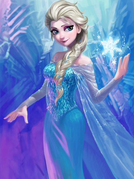 Anime picture 2000x2675 with frozen (disney) disney elsa (frozen) modare single long hair tall image highres blue eyes blonde hair smile bare shoulders looking away braid (braids) lipstick single braid eyeshadow transparent girl dress