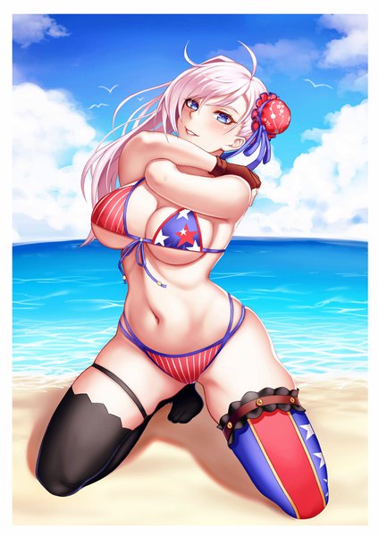 Anime picture 2480x3506 with fate (series) fate/grand order miyamoto musashi (fate) miyamoto musashi (swimsuit berserker) (fate) xiao gen single long hair tall image looking at viewer blush highres breasts blue eyes light erotic large breasts pink hair sky cloud (clouds) full body ahoge