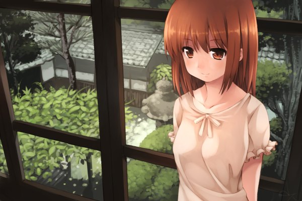 Anime picture 1200x800 with original akatsuki miho kouno hikaru single short hair brown hair brown eyes girl plant (plants) tree (trees) window