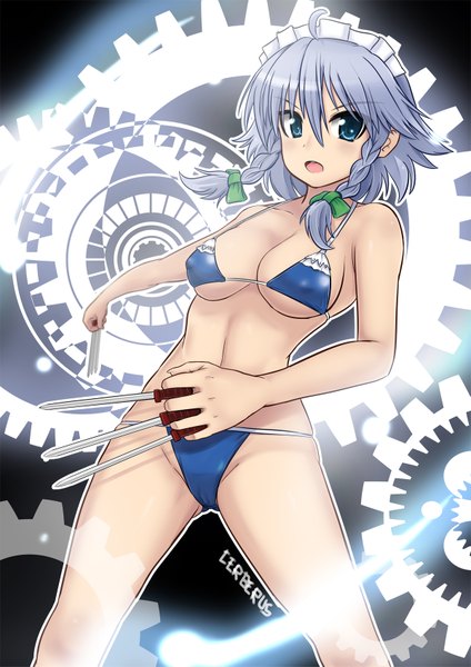 Anime picture 1200x1697 with touhou izayoi sakuya mint (cerbi) single tall image short hair breasts open mouth blue eyes light erotic silver hair braid (braids) twin braids girl swimsuit bikini headdress maid headdress knife gears