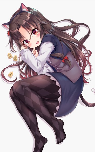 Anime picture 860x1370 with ryuuou no oshigoto! yashajin ai shimokirin single long hair tall image blush open mouth simple background red eyes brown hair white background animal ears lying cat ears no shoes one side up on side fake animal ears rhombus