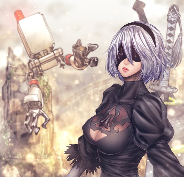 Anime picture 2591x2500 with nier nier:automata yorha no. 2 type b pod (nier:automata) zucchini single highres short hair breasts light erotic cleavage silver hair upper body eyes closed parted lips mole mole under mouth blindfold girl dress