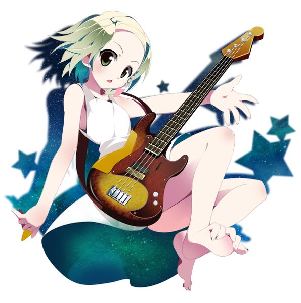 Anime picture 1200x1211 with original tomato kanzume single tall image short hair simple background green eyes white hair barefoot borrowed character girl star (symbol) guitar