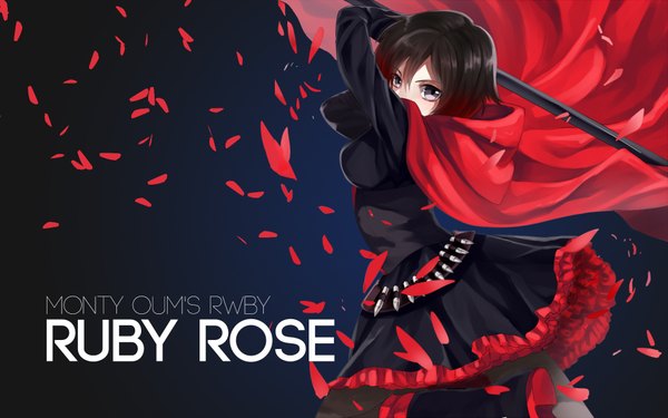 Anime picture 1920x1200 with rwby rooster teeth ruby rose ask (askzy) assassinwarrior single looking at viewer fringe highres short hair breasts brown hair holding wallpaper character names girl petals pantyhose boots hood