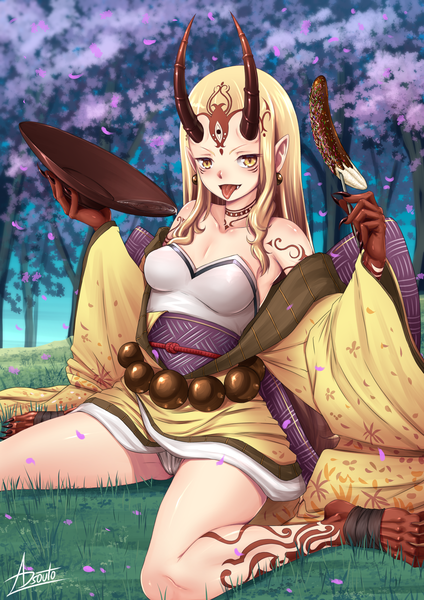 Anime picture 4960x7016 with fate (series) fate/grand order ibaraki douji (fate) adsouto single long hair tall image looking at viewer blush highres breasts light erotic blonde hair sitting holding yellow eyes absurdres outdoors traditional clothes japanese clothes