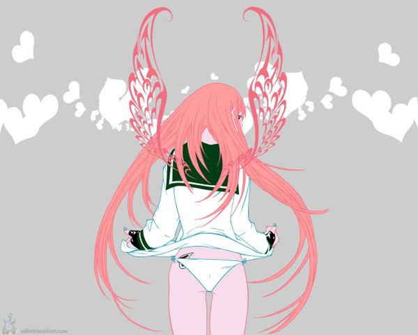 Anime picture 1280x1024 with air gear toei animation simca long hair light erotic pink hair looking back from behind grey background girl underwear panties wings heart sailor suit