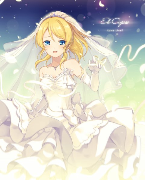 Anime picture 710x885 with love live! school idol project sunrise (studio) love live! ayase eli 6u (eternal land) single long hair tall image looking at viewer blush fringe breasts blue eyes bare shoulders ponytail lens flare wedding girl dress gloves