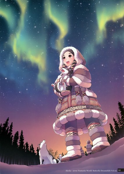 Anime picture 1068x1500 with nardack tall image blush open mouth black hair standing brown eyes night from below dutch angle night sky snow aurora borealis girl gloves plant (plants) tree (trees) hood star (stars) dog