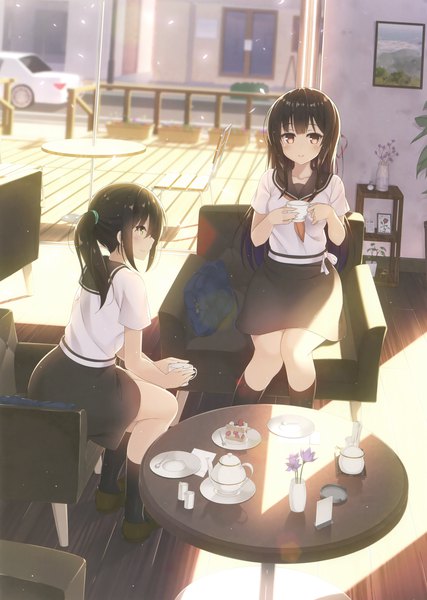 Anime picture 2489x3500 with original hatsuki kaname long hair tall image looking at viewer blush highres black hair sitting multiple girls brown eyes ponytail scan official art girl skirt uniform 2 girls socks serafuku