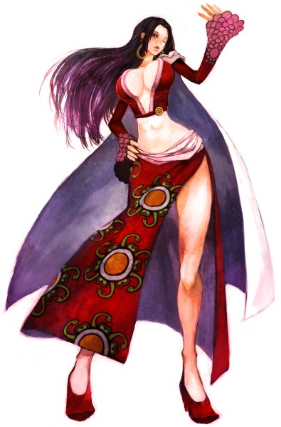 Anime picture 790x1200 with one piece toei animation boa hancock lack single long hair tall image looking at viewer breasts light erotic black hair simple background large breasts white background cleavage one eye closed wink bare belly hand on hip girl