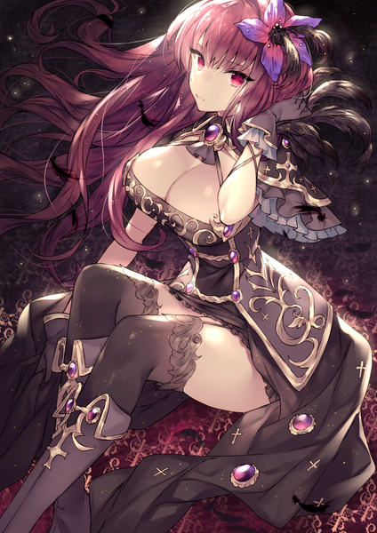 Anime picture 618x874 with fate (series) fate/grand order scathach (fate) (all) scathach (fate) touwa nikuman single long hair tall image looking at viewer fringe breasts light erotic hair between eyes large breasts sitting purple eyes cleavage purple hair hair flower from above