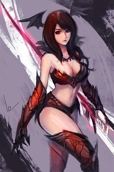 Anime picture 800x1200 with original chaosringen single long hair tall image looking at viewer fringe breasts light erotic large breasts purple eyes bent knee (knees) lips realistic dark background eyebrows demon girl black wings head wings girl