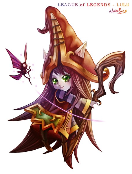 Anime picture 760x1000 with league of legends lulu (league of legends) waterring single tall image looking at viewer blush simple background brown hair white background green eyes animal ears very long hair light smile girl hat insect butterfly witch hat staff