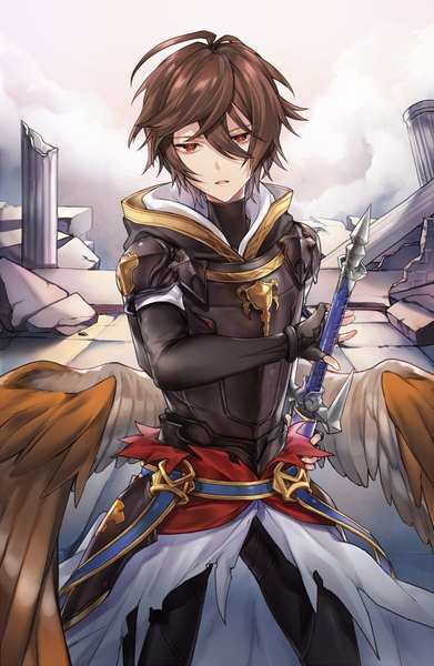 Anime picture 587x900 with granblue fantasy sandalphon (granblue fantasy) shiao single tall image looking at viewer fringe short hair hair between eyes red eyes brown hair ahoge outdoors ruins low wings ready to draw boy weapon wings armor