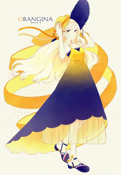 Anime picture 1300x1886 with original orangina o-ishi single long hair tall image looking at viewer blonde hair standing purple eyes full body copyright name sleeveless hands on head girl dress hat bracelet transparent clothing hat ribbon